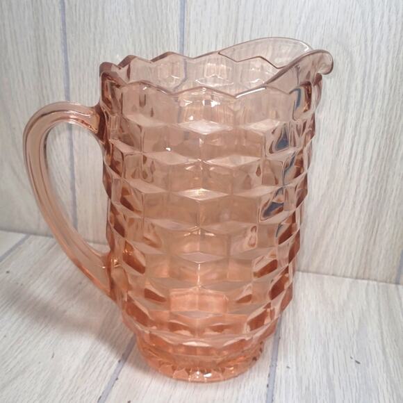 Vtg Indiana Pink Glass Cubist Pitcher Whitehall Peach Textured Water Pitcher - Picture 1 of 6